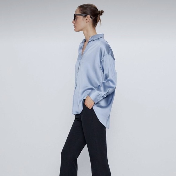 Blue Zara Satin Button Down - Picture 1 of 3